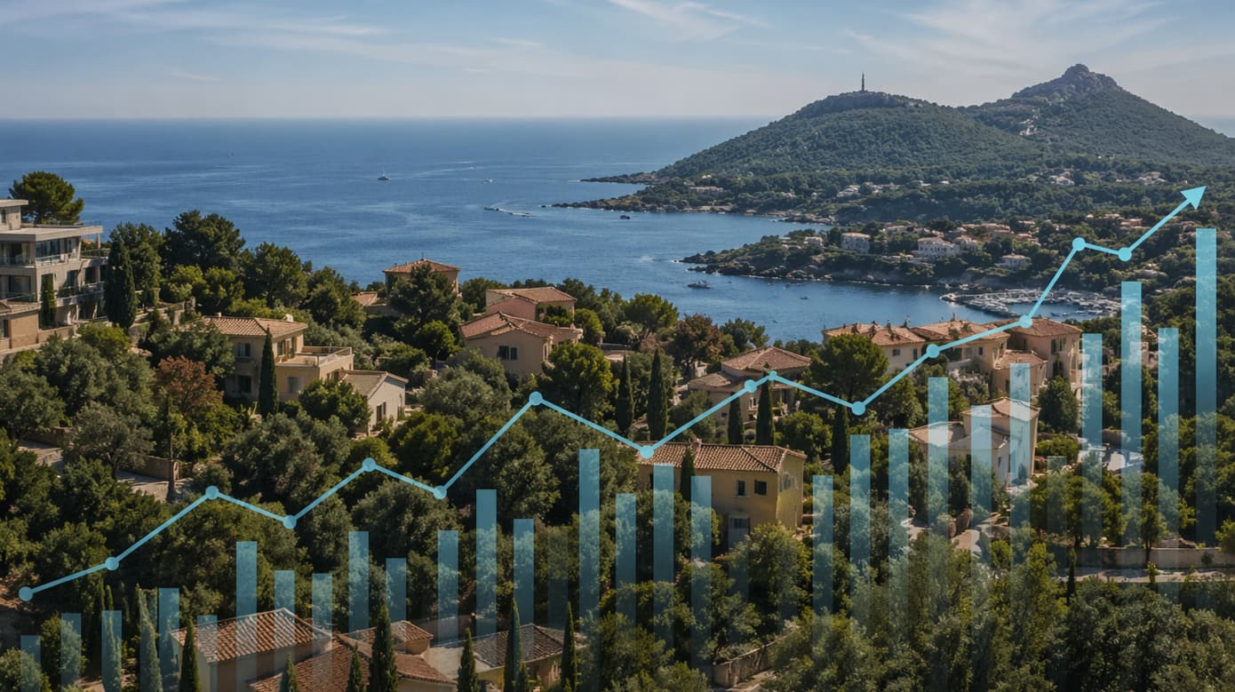 Mediterranean coastline with villas and market growth chart, Provence property market trends 2025-2026