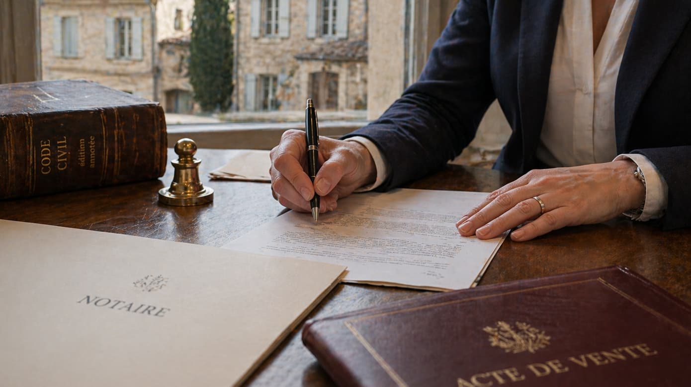 French notaire signing property documents for a foreign buyer in France