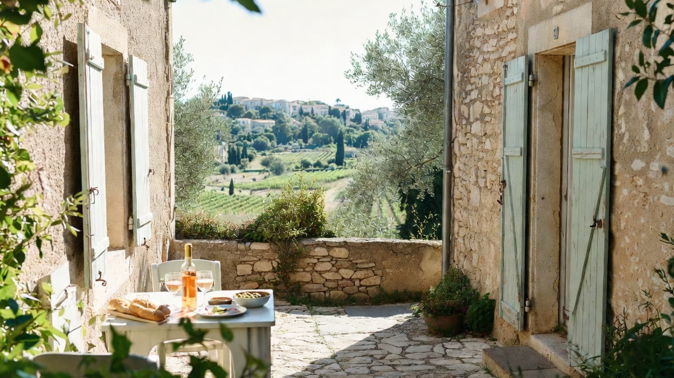 Art de vivre en Provence avec terrasse en pierre, volets clairs et vue sur les vignobles