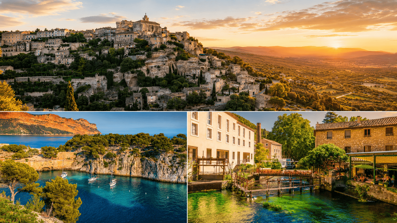 Collage of a Provence hilltop village, Mediterranean calanque and riverside town