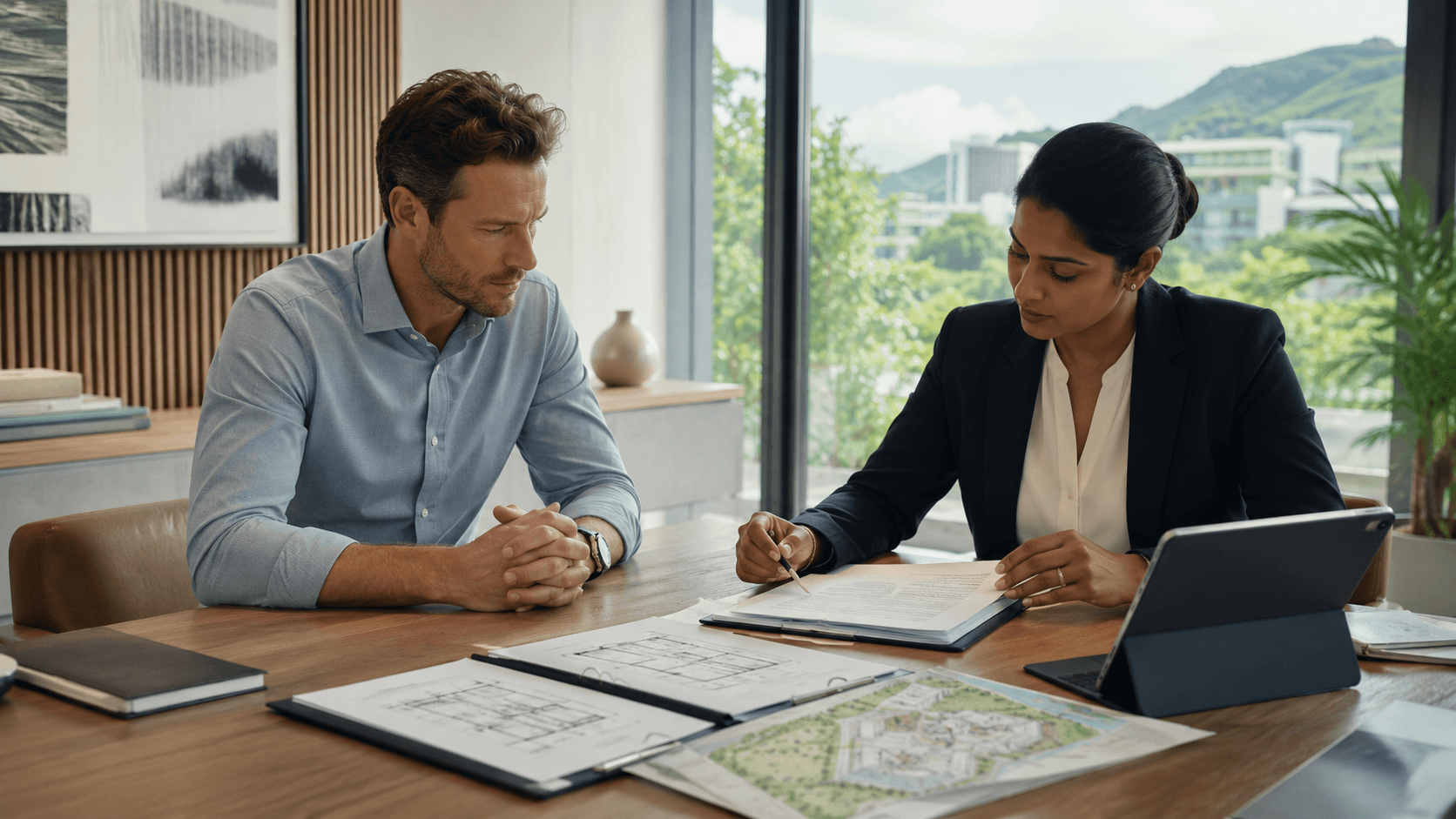 Foreign buyer reviewing legal documents before buying property in Mauritius